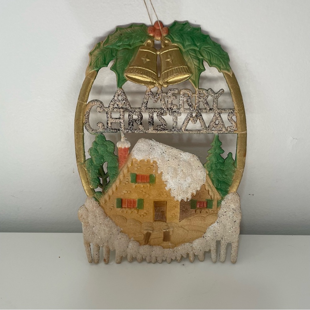 German Die Cut Embossed Cardboard A Merry Christmas Cottage in Snow Vintage